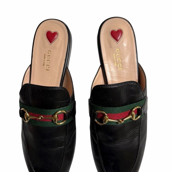 Gucci Princetown Leather Mules Black | Gold Horsebit & Red Heart Size 38 | 8 US - Picture 2 of 14